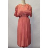 Ladies' 1940s pink crepe evening / dance dress with CC41 utility label, fitted bodice,