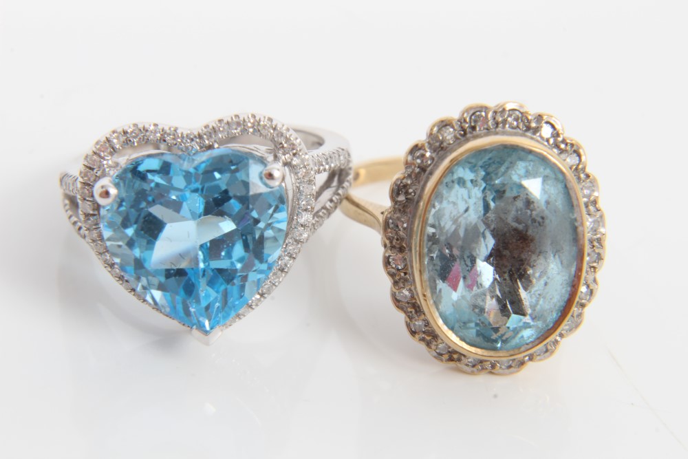 Gold (9ct) topaz and diamond cluster ring and a white gold (14k) heart-shaped topaz ring with