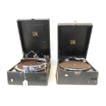 Two HMV wind-up portable gramophones, plus a vintage gramophone horn and various gramophone records,