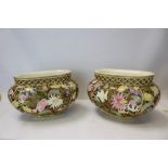 Pair of early 20th century Zsolnay Pecs jardinières with reticulated floral decoration,