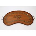 Edwardian satinwood and polychrome painted kidney-shaped tray with undulating gallery flanked by