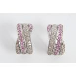 Pair pink sapphire and diamond set half hoop earrings in white gold (14k) setting
