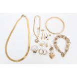 Gold (9ct) necklace, gold (9ct) bangle, gold (9ct) gate bracelet, two other gold necklaces,