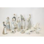 Collection of Lladro porcelain items - including four figures, five geese,