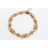 Victorian gold (15ct) fancy link bracelet set with six alternating turquoise cabochons and cultured