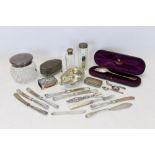 Selection of miscellaneous silver - including pap boat, flatware, silver mounted toilet jars,