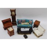 Dolls' house items - including sofa, tapestry cushions, grandfather clock, chest of drawers,