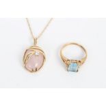 Rose quartz pendant in gold (9ct) mount set with a single stone diamond, on gold (9ct) chain,