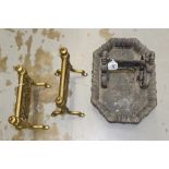 Victorian cast iron boot-scraper and pair brass fire dogs (3)