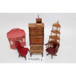 Dolls' house furniture - wooden miniature reproduction cabinets, chest of drawers, tables, chairs,