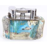 Fine 1950s Alfred Dunhill aquarium table lighter with chrome plated metal mounts and reverse