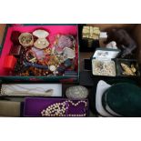 Quantity of costume jewellery - including raw amber necklace, coral necklace, wristwatches,