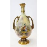 Royal Worcester oviform two-handled vase, finely decorated with pheasants, signed - Jas Stinton,