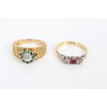Gold (18ct) ruby and diamond three stone ring in platinum setting and a gold (9ct) emerald and