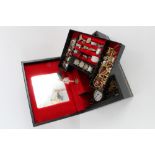 Jewellery box containing silver gem set rings, silver cased pocket watch,