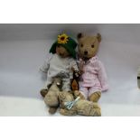 Teddy Bears - two 1920s / 1930s much-loved bear, plus Steiff Beaver button and yellow tag,