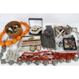 Vintage costume jewellery - including two mesh purses, coral bead necklaces,