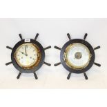 1920s Shatz eight-bell Royal Mariner ships' clock with ships' wheel frame and matching barometer