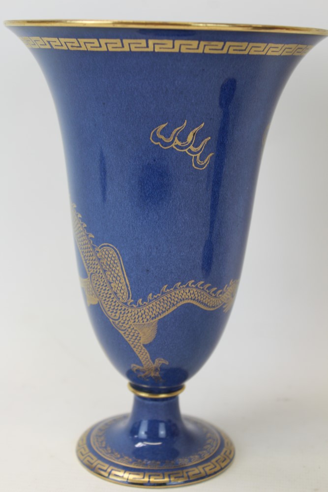 Pair of Wedgwood Dragon lustre vases, pattern no. 24616, with gilt dragons on a blue ground, 21. - Image 5 of 9