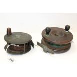 Victorian brass fishing reel and another wooden fishing reel (2)