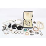 Group of vintage jewellery - including marcasite screw-back earrings, silver and other rings, jet,