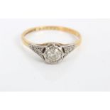 1930s gold (18ct) diamond single stone ring in platinum illusion setting with two rose cut diamonds