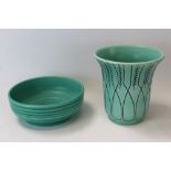 Susie Cooper green glazed vase with tube-lined decoration and a similar bowl (2)