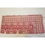 Victorian red and white woven cotton damask tablecloth, date 1881, woven into edge,