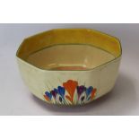 Clarice Cliff Bizarre Range Crocus pattern hand-painted octagonal bowl, printed marks to base,