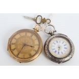 Late 19th century Swiss gold cased fob watch with engraved dial and case,