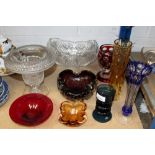 Selection of glassware - including art glass bowls and vases, Wedgwood glass candlestick,