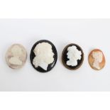Four oval cameos depicting one male and three female side profile bust - three with brooch mounts