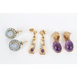 Three pairs gold / yellow metal mounted gem set earrings