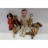 Toys selection - including Ventriloquist dummy, mohair monkey with fabric face, hands and feet,