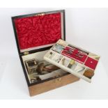 Walnut sewing box containing sewing accessories - including silver handle long button hook,