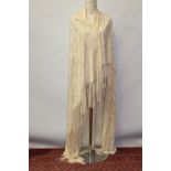 Good quality vintage Chinese cream silk shawl with fringing and cream silk thread embroidered large