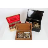 Three jewellery boxes containing costume jewellery, vintage brooches, enamel pins, bead necklaces,