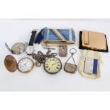 Silver cased pocket watch with silver Albert chain, two other pocket watches, Tissot wristwatch,
