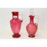 Victorian cranberry glass jug and cranberry decanter with cut glass stopper (2)