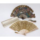 19th century Chinese painted papier mâché fan with gilt ornament sticks and with painted paper