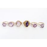 Five gold (9ct) amethyst dress rings and one other amethyst ring stamped - 750 (6)