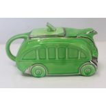 Art Deco green glazed teapot in the form of a bus,