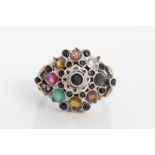 Eastern white metal multi-gem ring, stamped - 18ct.