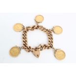 Edwardian rose gold (9ct) hollow curb link bracelet with padlock clasp and five full sovereigns -