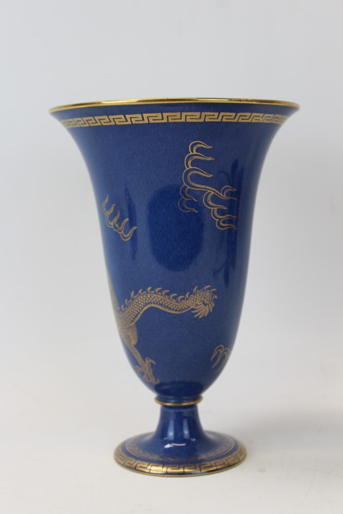 Pair of Wedgwood Dragon lustre vases, pattern no. 24616, with gilt dragons on a blue ground, 21. - Image 9 of 9
