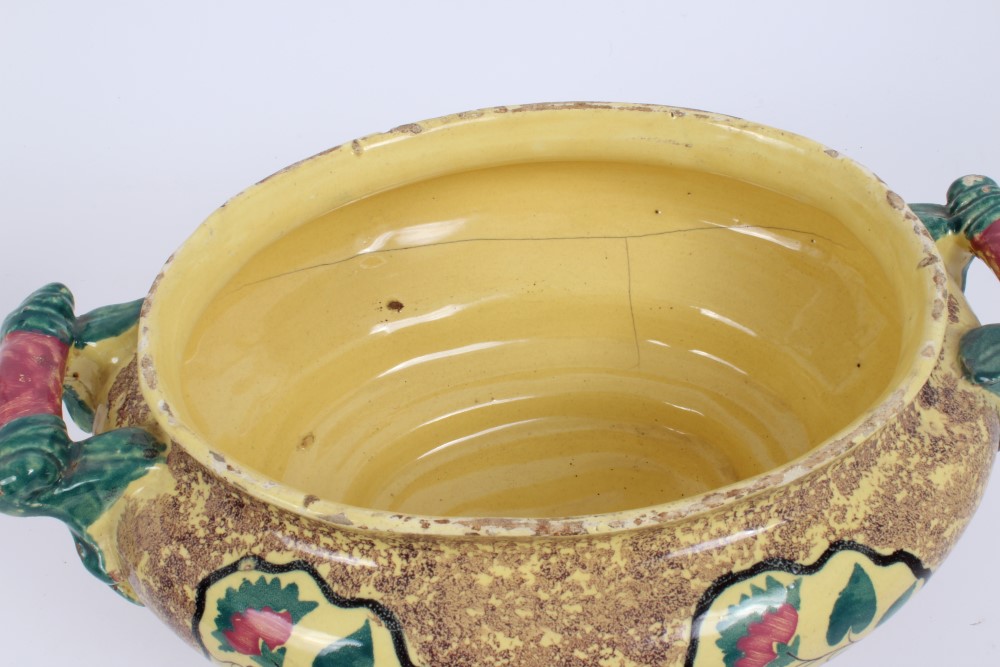 Early 19th century Continental faience oval tureen and cover with floral reserves on brown mottled - Image 5 of 8