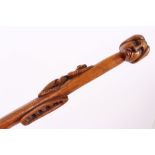 Highly unusual 19th century carved wood Colonial walking stick carved from the solid,