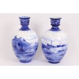 Pair late 19th century Royal Crown Derby blue and white vases, probably painted by W. E. J.