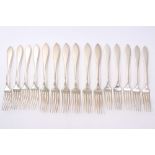 Set of six American silver table forks, together with nine matching smaller dessert forks,