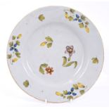 18th century Liverpool Delft plate painted with Fazackerly palette floral decoration, circa 1760,
